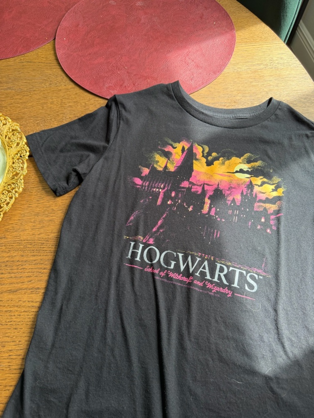 Old Navy Black Kids Hogwarts Graphic Tee with Pink and Yellow Sunset
